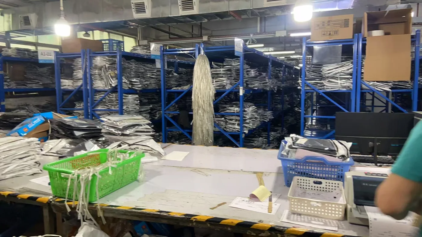 Shelving and garment storage inside the operation.
